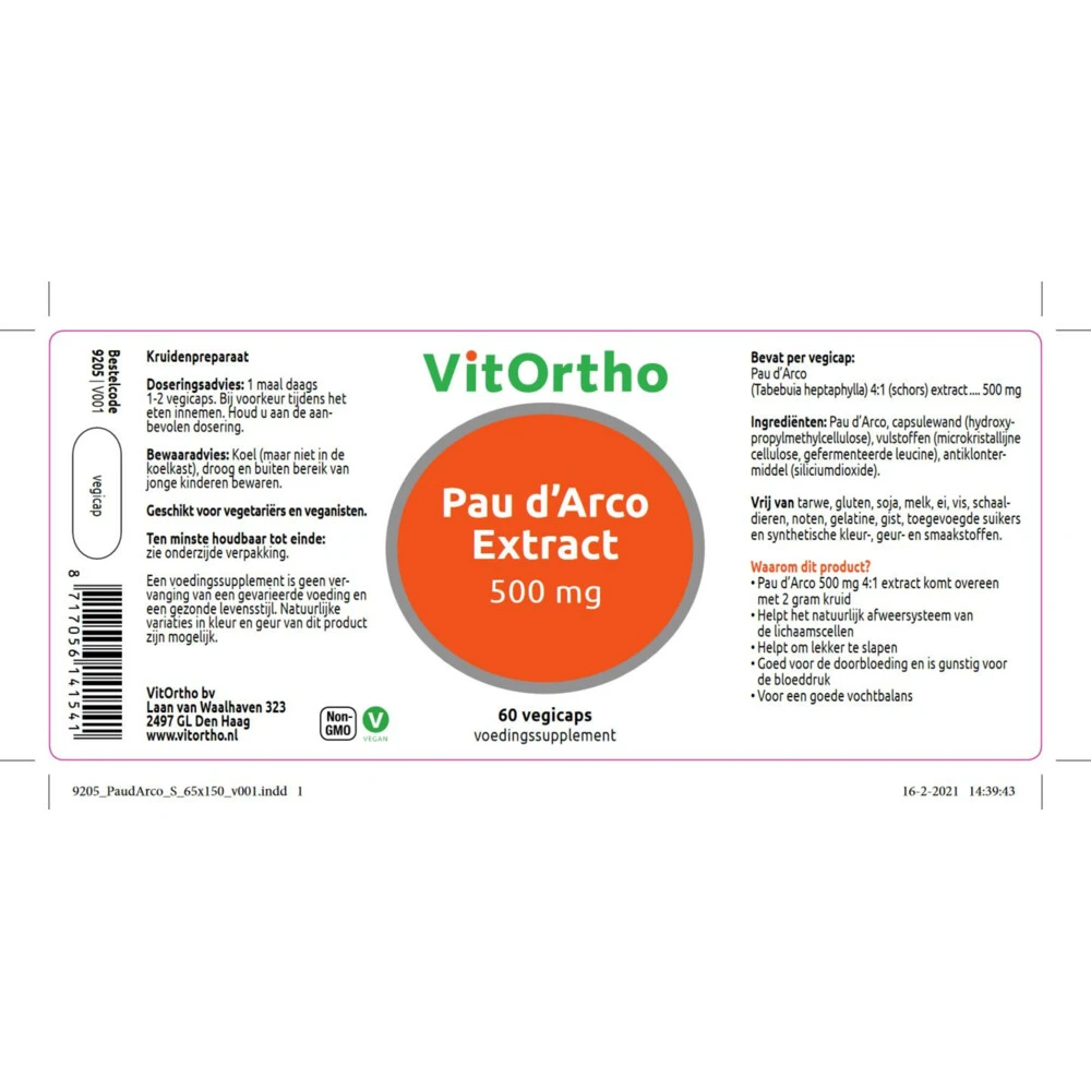 Vitortho Pau D’Arco Extract 500 Mg 2 Vitortho Pau D’Arco Extract 500 Mg - Afbeelding 2